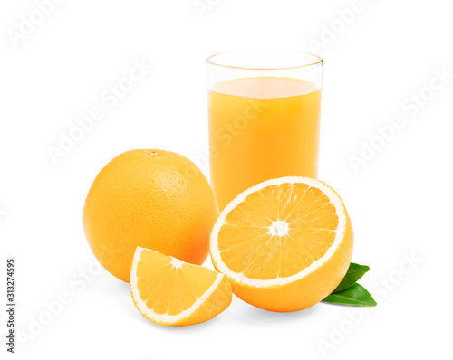 Orange juice with fruits cut half and slice with leaf isolated on white background