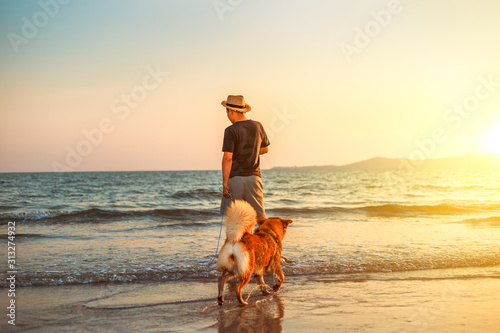A man and a dog stand on the beach and sunset.