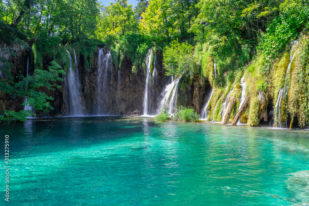 The waterfalls at the Plitvice lakes. Croatia. Azure clean waters. National park.