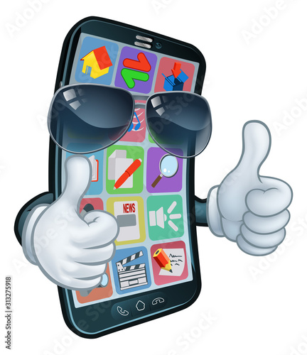 A mobile phone cartoon character mascot wearing cool shades or sunglasses giving a double thumbs up.