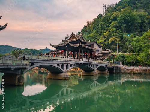 fenghuang,Hunan/China-16 October 2018:Fenghuang old town bridge with Scenery view of fenghuang old town .phoenix ancient town or Fenghuang County is a county of Hunan Province, China