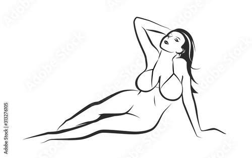 Nude Girl with Big Breasts, Vector outline contour of Erotic Illustration for Bra, Erotic or Underwear Lingerie store. Nude Lady in Bikini sitting on a beach.