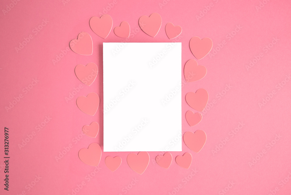 February 14 pattern postcard: pink hearts on a pink background around a frame white box with place for text