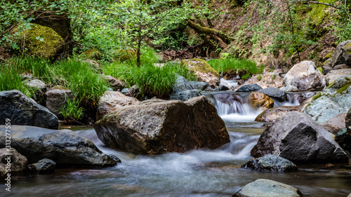 Sonoma Creek bubbles around rocks with fresh green grass and trees in the background at Sugarloaf Ridge State park in Kenwood California photo