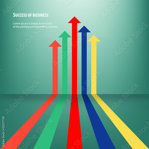 Concept of business target direction to success. Colored arrows are pointing up in green background.