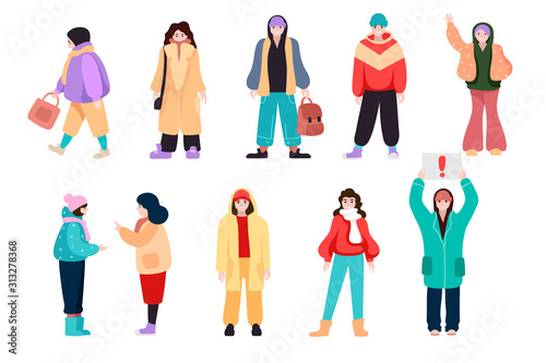 Set of flat cartoon people in winter clothes. Vector flat illustration. Isolated characters on a white background. EPS 10.90s style.