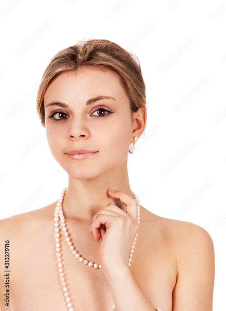 Portrait of a beautiful, naked young, smiling woman with long hair and makeup. Portrait of a beautiful, naked young, smiling woman with long hair and makeup.