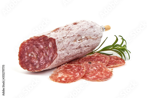 Traditional Spanish Fuet thin dried sausage, isolated on white background