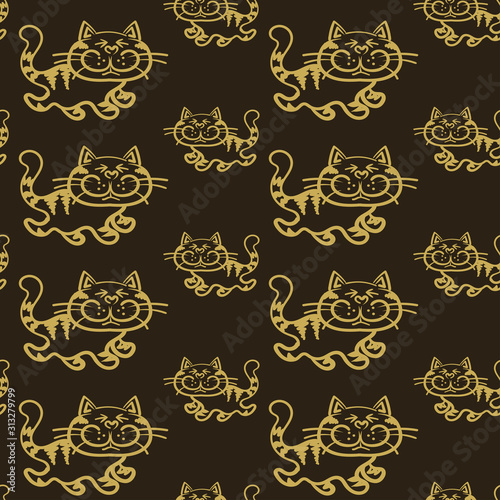 Seamless cute cat pattern. Template for print design. Wallpaper texture. Seamless background pattern. Color in the image: black, gold. Vector illustration.