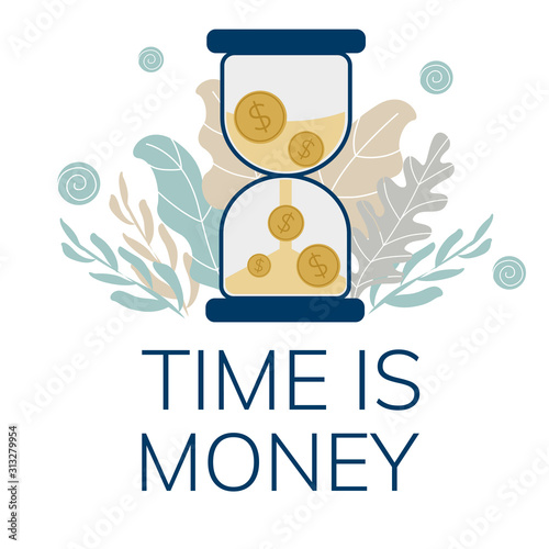  Simple, flat illustration of an hourglass and coins. The concept of time is money. 