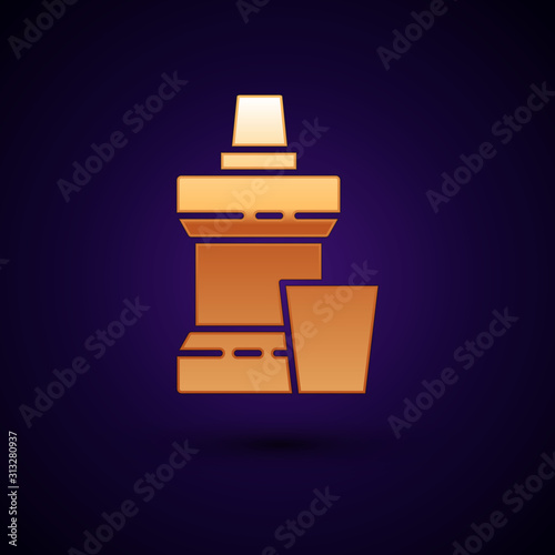 Gold Mouthwash plastic bottle and glass icon isolated on dark blue background. Liquid for rinsing mouth. Oralcare equipment. Vector Illustration