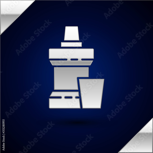 Silver Mouthwash plastic bottle and glass icon isolated on dark blue background. Liquid for rinsing mouth. Oralcare equipment. Vector Illustration