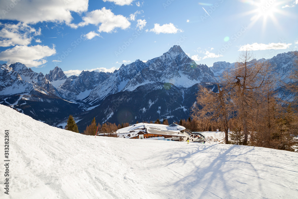 Fototapeta premium Monte Elmo, Dolomites, Italy - Mountain skiing and snowboarding. Sexten (Sesto), Trentino-Alto Adige, Puster Valley (Alta Pusteria), South Tyrol.