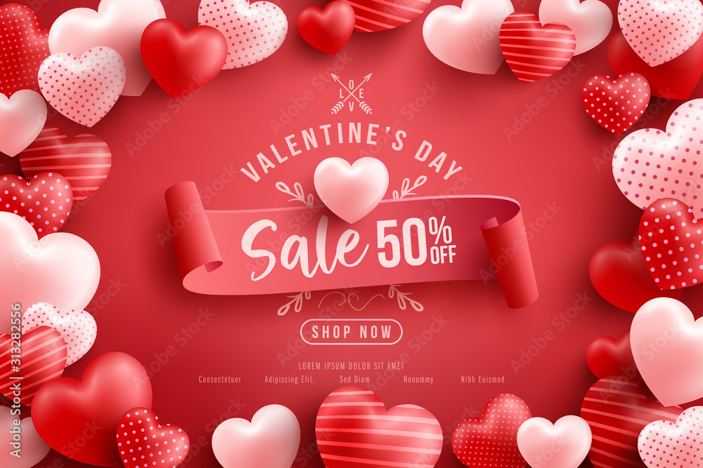 Valentine's Day Sale 50% off Poster or banner with many sweet hearts and on red background.Promotion and shopping template or background for Love and Valentine's day concept.Vector illustration eps 10 - obrazy, fototapety, plakaty 