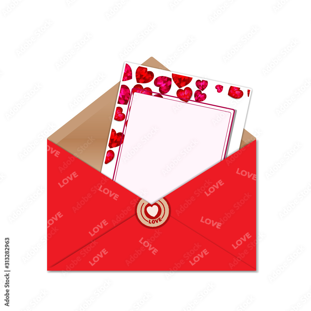 Greeting card with shiny hearts in low poly style and an empty place for your text in a red open envelope. Valentine s Day Greetings Greeting card with shiny hearts in low poly style and an empty place for your text in a red open envelope. Valentine s Day Greetings