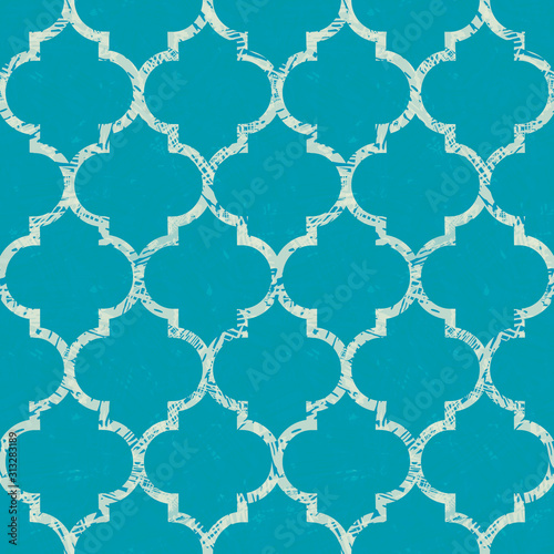 Beautiful grunge textured white Morrocan trellis design. Seamless oriental vector pattern on painterly aqua blue background. Perfect for wellbeing, spa, summer products, stationery, packaging, fabric