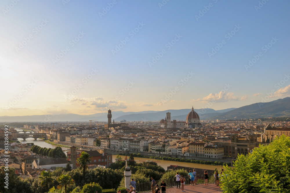 Panoramic view from Piazzale Michelangelo in Florence. Sunset over river Arno in Florence, Italy.