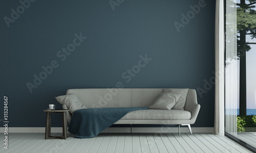Fototapeta Naklejka Na Ścianę i Meble -  Modern mediterranean blue living room interior design and concrete wall background and sea view