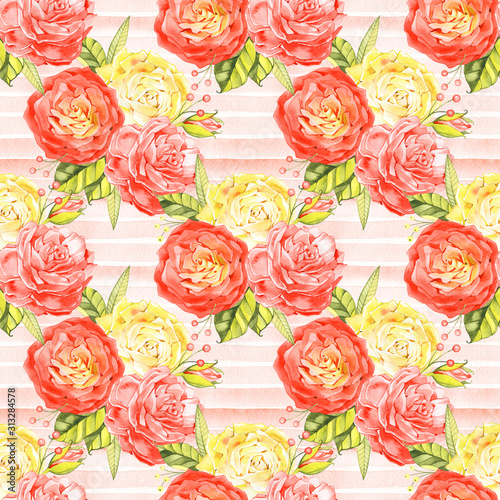 Seamless floral pattern with roses  watercolor illustration background.