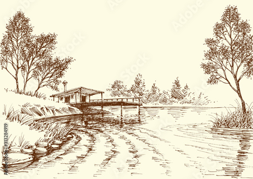 River flow and a small old fishery on shore. Peaceful nature sketch