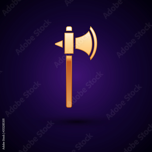 Gold Medieval axe icon isolated on dark blue background. Battle axe, executioner axe. Vector Illustration