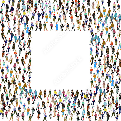 isometric people walking vector illustration with empty space to put text or can as a photo frame.