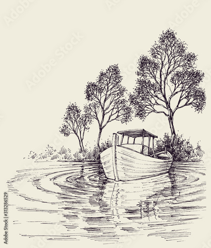 Boat on lake close to the shore hand drawing. Idyllic landscape sketch