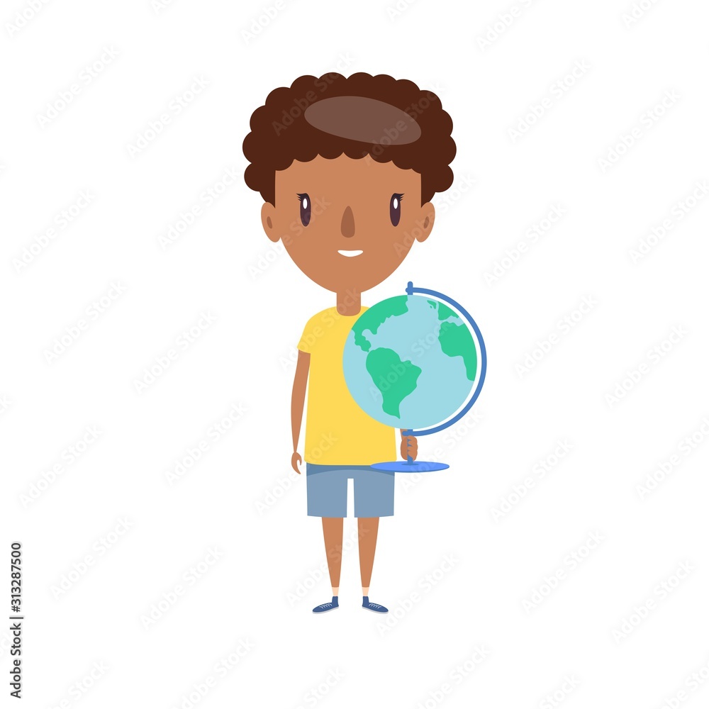 Fototapeta premium Smiling schoolboy. Cheerful elementary school student, kindergarten pupil cartoon character. Flat vector illustration.