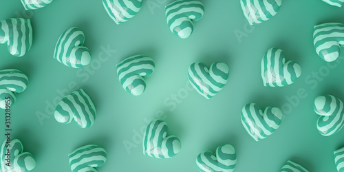 Many beautiful blue-green hearts are arranged in patterns on the blue-green background. Minimal concept, Valentine's Day, anniversaries and celebrations or other days.3D render