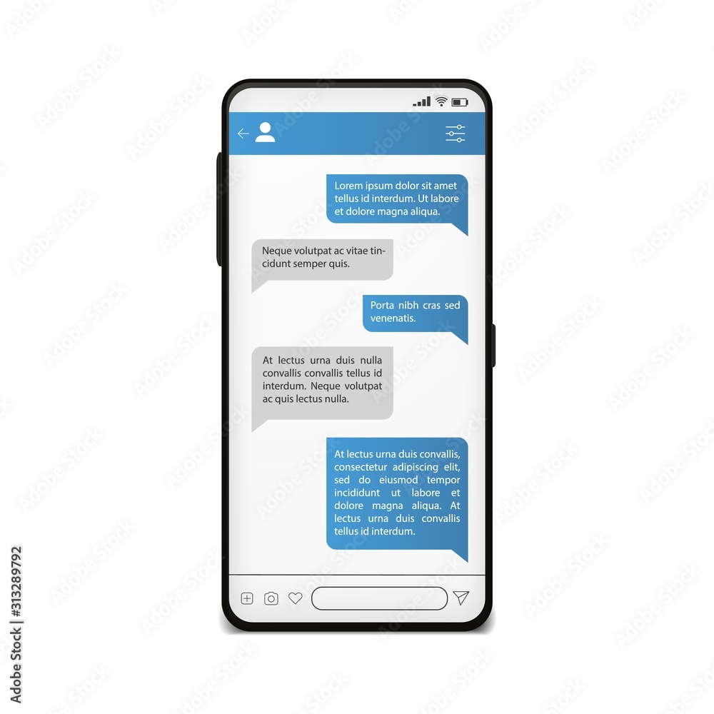 Chat on phone screen. Mobile messenger template. Social network mock up  with message using in dialogue. Vector cellphone template concept chatting  technology Stock-Vektorgrafik | Adobe Stock