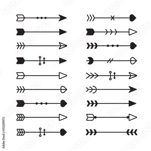 Ethnic arrows. Hand drawn feather arrow, tribal feathers on pointer and decorative boho bow isolated vector set. Ethnic arrows