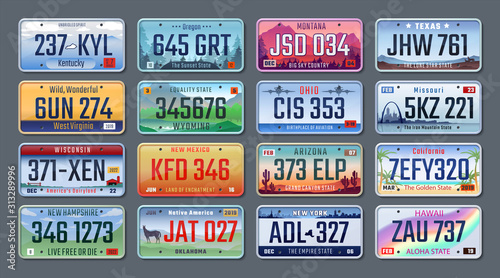 Car plates. Vehicle license numbers of different American states and countries, truck registration numbers. Vector set road transport metal signs