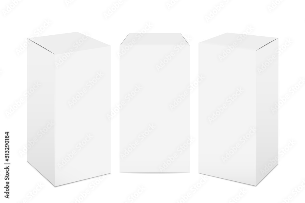 Paper boxes. White cardboard package mockup, realistic 3D rectangular medicine and food pack. Vector set illustration cubic tall blank mock up of product containers Paper boxes. White cardboard package mockup, realistic 3D rectangular medicine and food pack. Vector set illustration cubic tall blank mock up of product containers