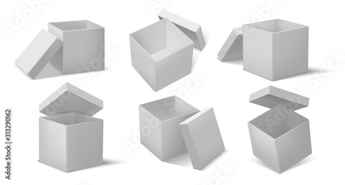 Top open box. Realistic open and closed cardboard cube boxes mockup, package delivery and cargo transportation. Vector white boxes with opened cap set for present packaging