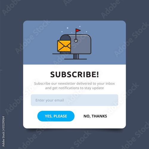 Pop up subscribe display banner vector. Mailbox with letter design template. Presentation sign promotion business panel. modal user interface design