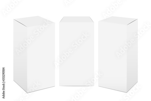 Paper boxes. White cardboard package mockup, realistic 3D rectangular medicine and food pack. Vector set illustration cubic tall blank mock up of product containers