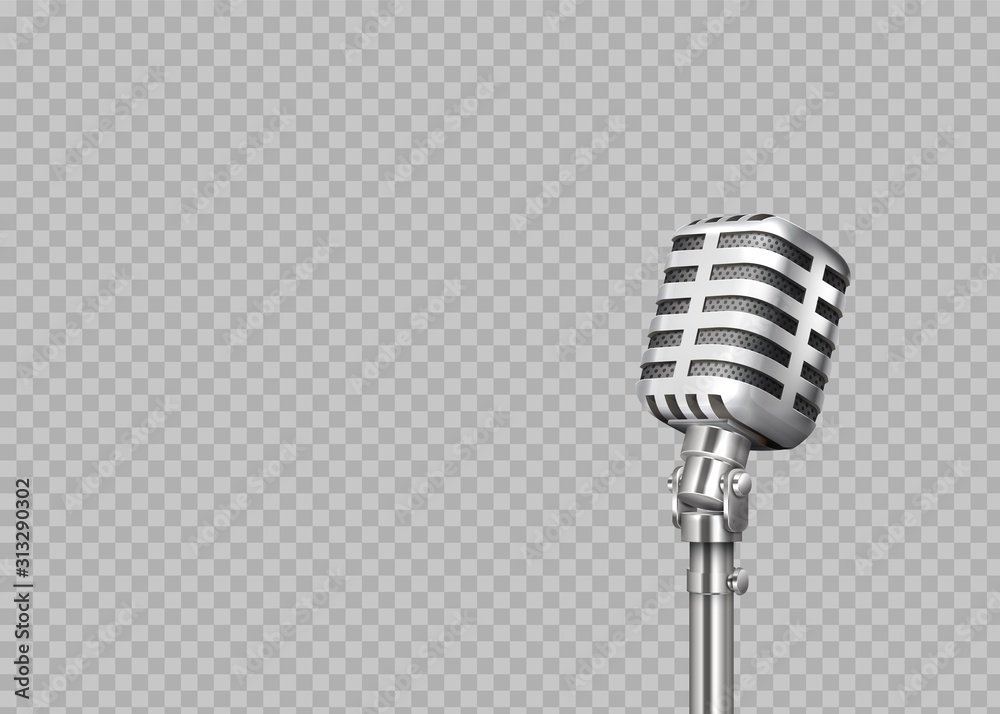 Realistic microphone. 3D professional metal mics on transparent background.  Stand-up and blogging equipment. Vector illustration front view steel mic  for concert, record studio Stock Vector | Adobe Stock