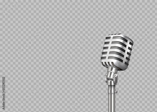 Realistic microphone. 3D professional metal mics on transparent background. Stand-up and blogging equipment. Vector illustration front view steel mic for concert, record studio