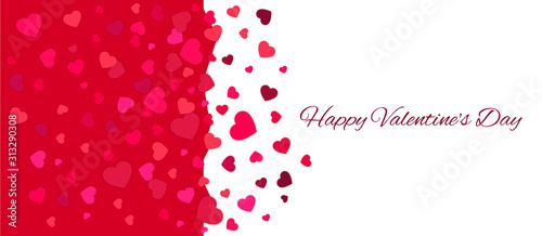Valentine's Day elegant greeting card with pink, crimson, red hearts and text on isolated white background