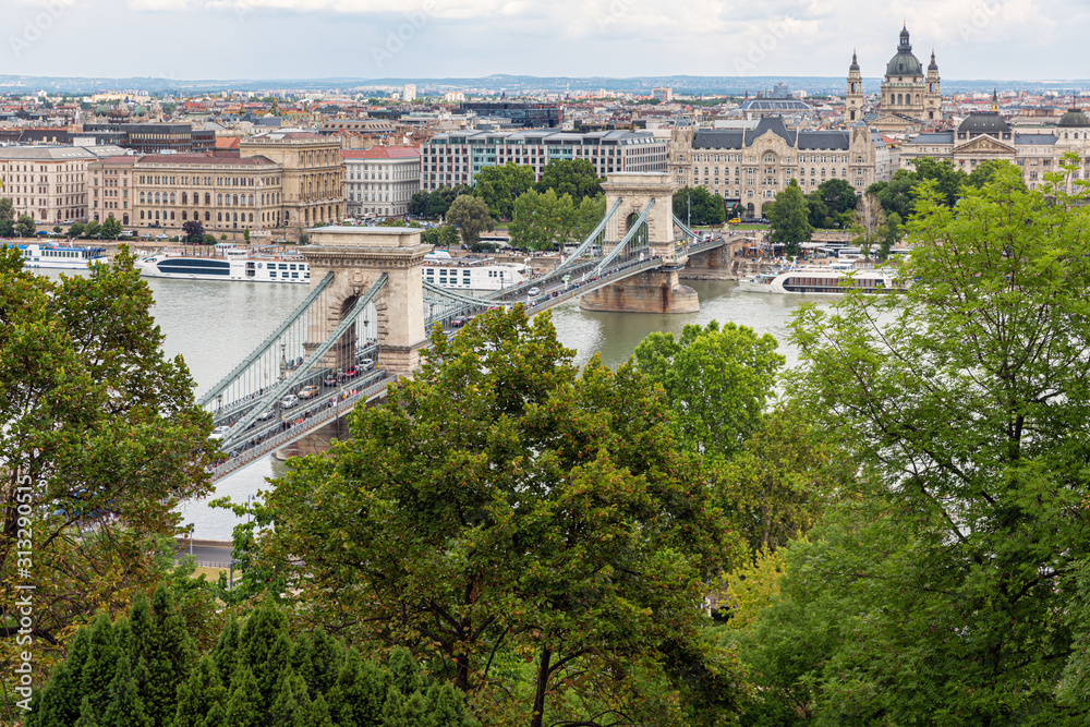 View at Budapest with St. Stephen Basilica and chain bridge