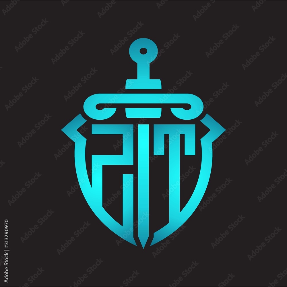 ZT Logo monogram with sword and shield combination isolated blue colors gradient ZT Logo monogram with sword and shield combination isolated blue colors gradient