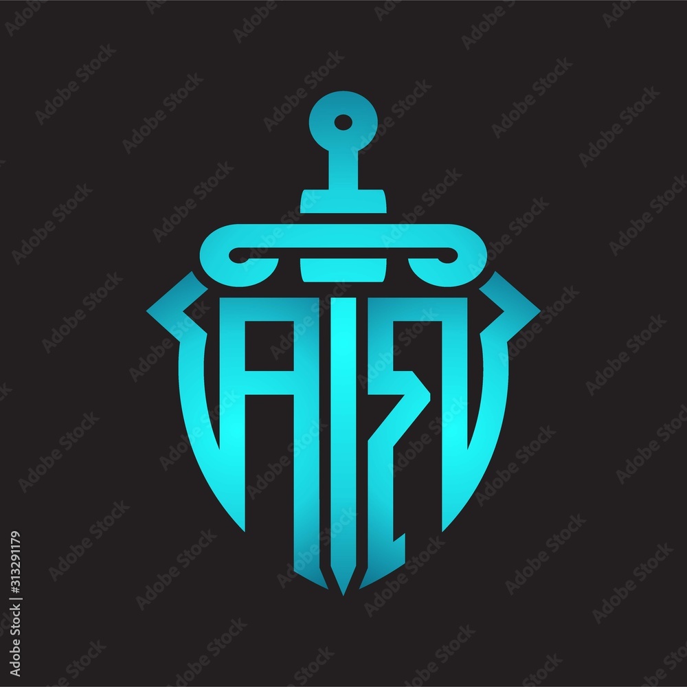 AR Logo monogram with sword and shield combination isolated blue colors gradient AR Logo monogram with sword and shield combination isolated blue colors gradient
