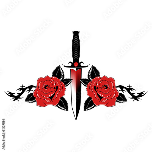 Vector image of a dagger with red roses. Image on a white background.