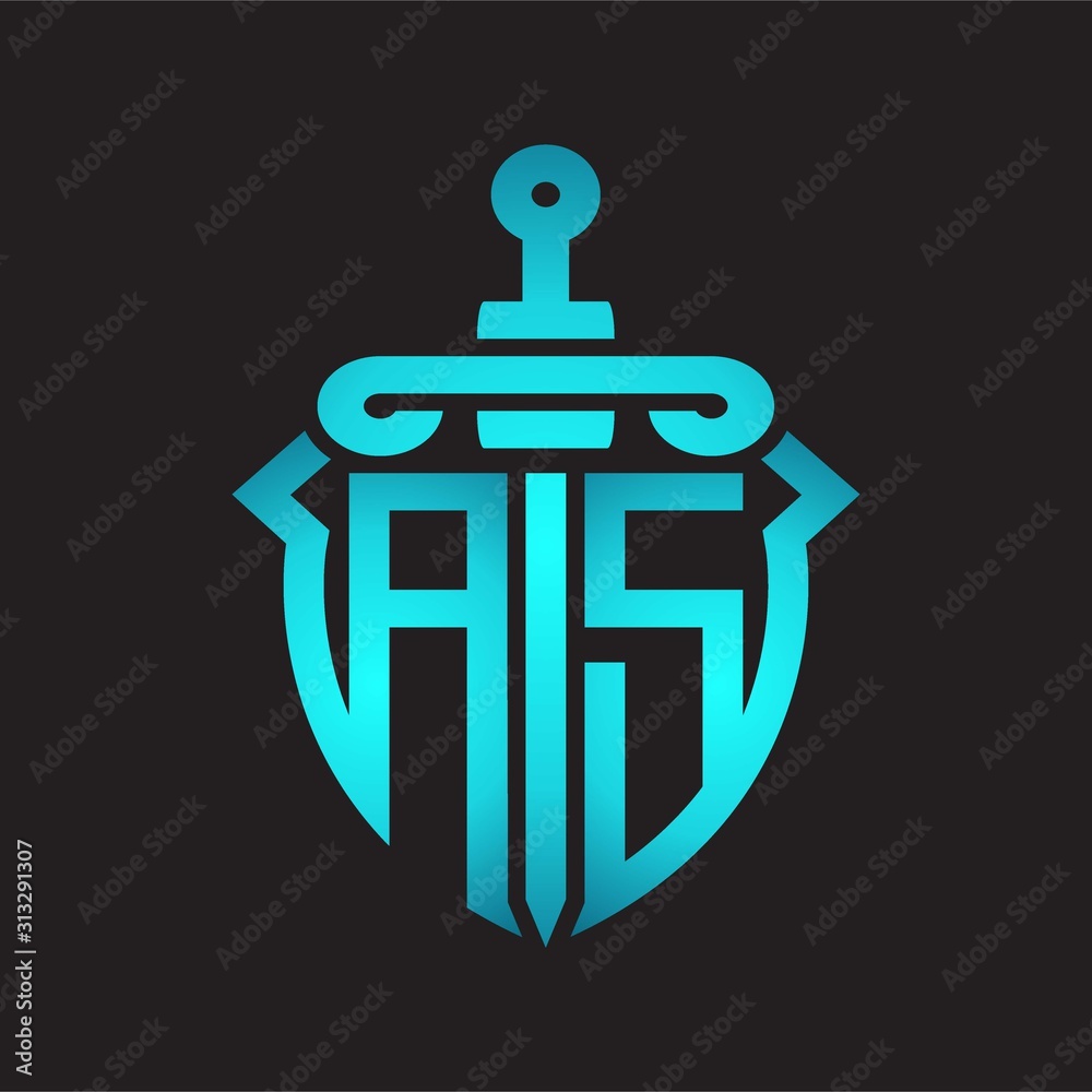 AS Logo monogram with sword and shield combination isolated blue colors gradient AS Logo monogram with sword and shield combination isolated blue colors gradient