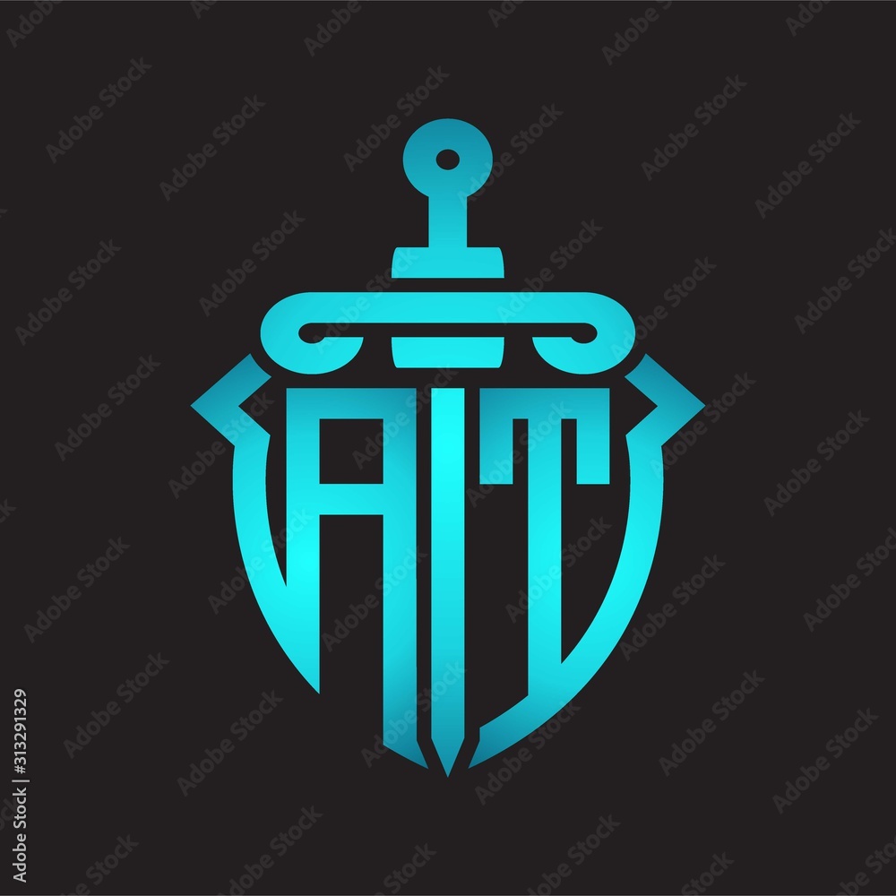 AT Logo monogram with sword and shield combination isolated blue colors gradient