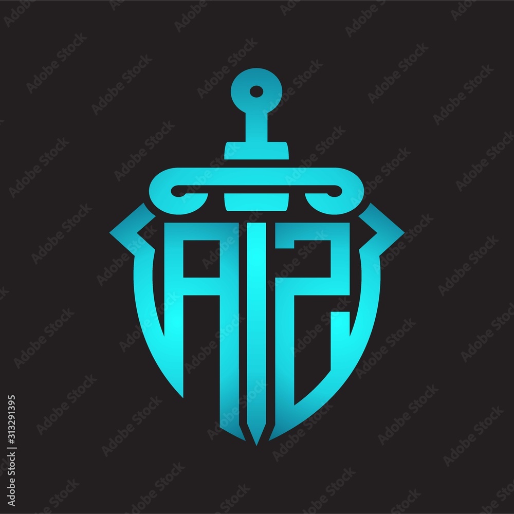 AZ Logo monogram with sword and shield combination isolated blue colors gradient AZ Logo monogram with sword and shield combination isolated blue colors gradient