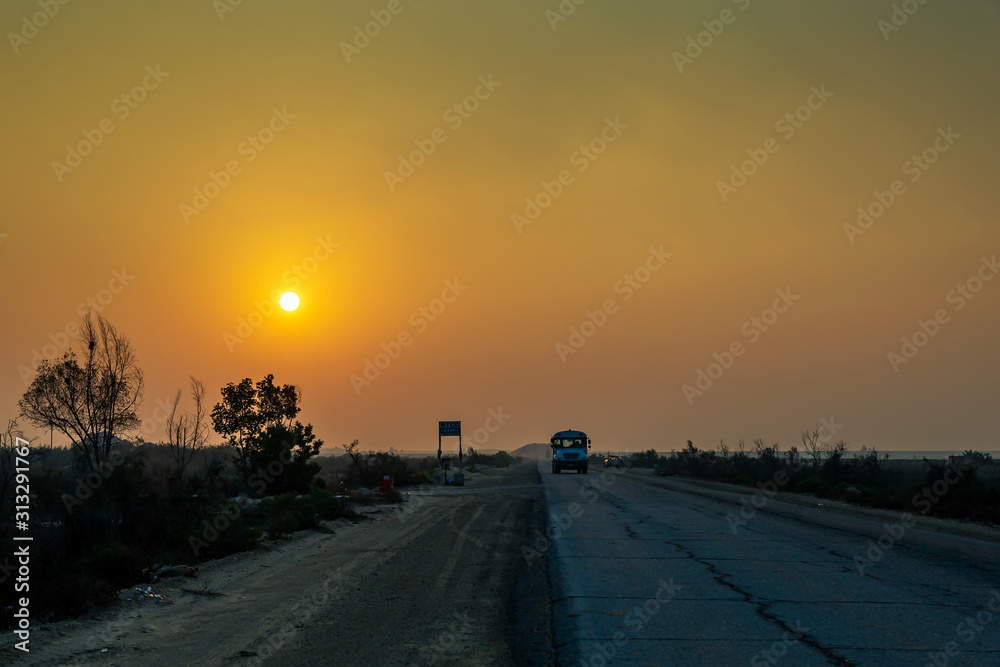 Sunrise road view. Near Jubail highway Road in Saudi Arabia.