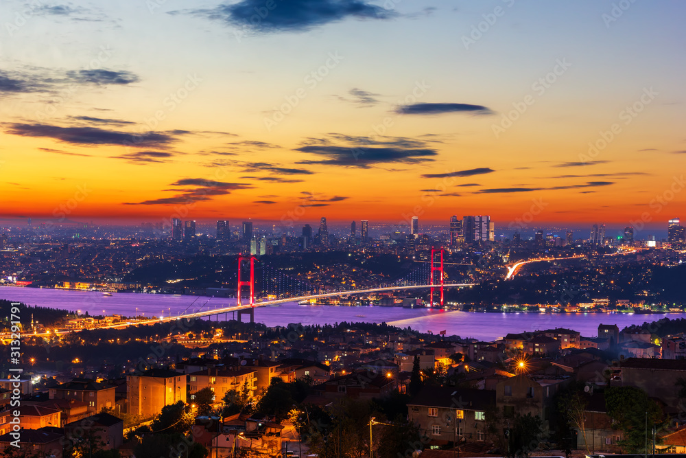 Evening Bosphorus Bridge, view from the Camlica Hill, Istanbul, Turkey