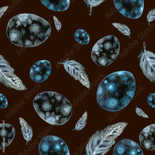 Blue decorative eggs and feather seamless pattern. Hand drawn watercolor simple fluffy feathers and realistic eggs. Easter celebration. Isolated on dark background. Textile. wrapping