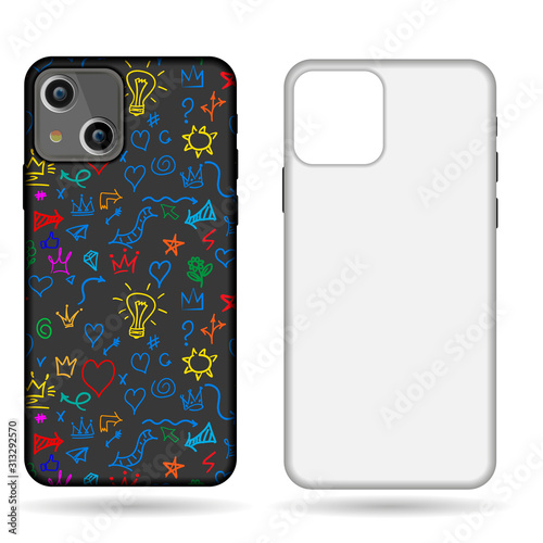 Black mobile phone cover mockup Digital gadget. Vector